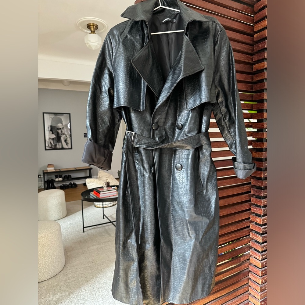 Black faux leather trench coat